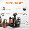 Rotating Spice Rack Organizer with 6-piece lead-free glass jars and stainless steel handle for modern kitchen storage.