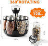 Rotating spice rack organizer with 6 glass jars, featuring 360-degree rotation and dimensions for modern kitchen storage.