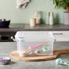 3Pcs Set Multi-Purpose Stackable Storage Box, transparent kitchen organizer containing baking tools on a wooden board.