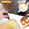 Rechargeable 3-speed coffee beater, handheld milk frother, and electric egg whisk with whisking attachments.