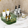 Royal Multi-Purpose Organizer: Crystal clear acrylic desktop baskets with gold handles for bathroom vanity storage.