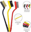 3-Piece kitchen cleaning wire brush set featuring steel, brass, and nylon bristles with ergonomic grip handles.