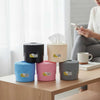 Modern Round Tissue Box Holder: luxury striped living room organizers in black, white, blue, pink, and grey on a table.