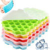 Honeycomb silicone ice cube tray with 37 hexagonal cells and a lid, stackable molds for freezer in multiple colors.