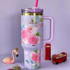 Stainless Steel Flower Design Tumbler, vacuum insulated car mug with lid, featuring a floral LoveShackFancy print.