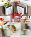 Foldable hanging trash can as a space-saving, wall-mounted kitchen cabinet waste bin for easy food scrap disposal.