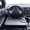 Steering wheel dining food tray attached to car wheel, serves as a laptop desk and portable table for drivers.