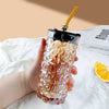 Aesthetic straw mason jar with silver bear lid, 450ml textured amber glass tumbler for iced coffee or boba tea.