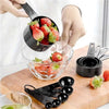 10-piece measuring cups and spoons set, a professional plastic baking kit pouring strawberries into a mixing bowl.