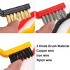 3-Piece Kitchen Cleaning Wire Brush Set featuring steel, brass, and nylon bristles for heavy-duty scrubbing tasks.