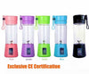 380ml portable USB fruit juicer blender with 6 blades in pink, purple, green, blue, and black colors.