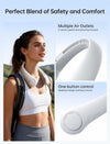Portable Neck Fan, USB rechargeable bladeless cooling system with multiple air outlets and one-button control.