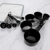 10-Piece Measuring Cups & Spoons Set, professional plastic baking kit for kitchen ingredients on marble surface.