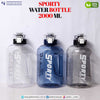 Happy Sporty 2000ML water bottle with time marker, a 2L BPA-free motivational bottle in clear, blue, and grey.